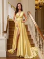 A-line V-Neck Delicate Sleeveless Court Train Silk like Satin Dresses