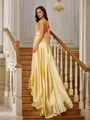 A-line V-Neck Delicate Sleeveless Court Train Silk like Satin Dresses