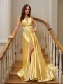A-line V-Neck Delicate Sleeveless Court Train Silk like Satin Dresses