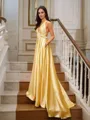 A-line V-Neck Delicate Sleeveless Court Train Silk like Satin Dresses