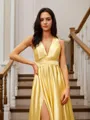 A-line V-Neck Delicate Sleeveless Court Train Silk like Satin Dresses