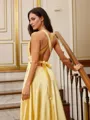 A-line V-Neck Delicate Sleeveless Court Train Silk like Satin Dresses
