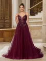 A-line V-Neck Fashion Sleeveless Court Train Tulle Dresses
