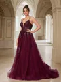 A-line V-Neck Fashion Sleeveless Court Train Tulle Dresses