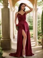 A-line V-Neck Fashion Sleeveless Sweep Train Silk like Satin Dresses
