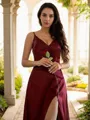A-line V-Neck Fashion Sleeveless Sweep Train Silk like Satin Dresses