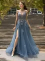 Princess A-line Tulle V-neck Sweep Train Dress With Slit