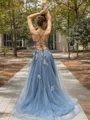 Princess A-line Tulle V-neck Sweep Train Dress With Slit