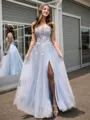 A-line Princess Tulle Straight Long Sleeves Floor-Length Corset Dress With Slit