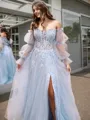 A-line Princess Tulle Straight Long Sleeves Floor-Length Corset Dress With Slit