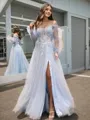 A-line Princess Tulle Straight Long Sleeves Floor-Length Corset Dress With Slit