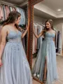 Princess A-line Tulle V-neck Court Train Corset Dress With Slit