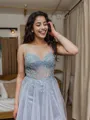 Princess A-line Tulle V-neck Court Train Corset Dress With Slit