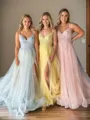Princess A-line Tulle V-neck Court Train Corset Dress With Slit