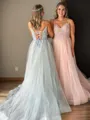 Princess A-line Tulle V-neck Court Train Corset Dress With Slit