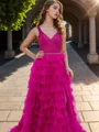 A-line Princess Tulle V-neck Sweep Train Dress With Slit