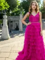 A-line Princess Tulle V-neck Sweep Train Dress With Slit