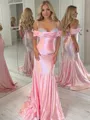 Fitted Trumpet/Mermaid Cold Shoulder Court Train Silk Like Satin Dress With Pleated