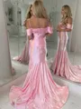 Fitted Trumpet/Mermaid Cold Shoulder Court Train Silk Like Satin Dress With Pleated
