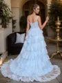 A-line Dreamy Off-the-Shoulder Court Train Tulle Corset Dress With Slit