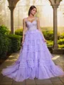 A-line Elegant V-neck Court Train Tulle Corset Dress With Appliques Lace