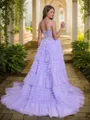 A-line Elegant V-neck Court Train Tulle Corset Dress With Appliques Lace