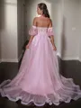 Trendy A-line Sweetheart Short Sleeves Court Train Tulle Convertible Corset Dress With Appliques Lace