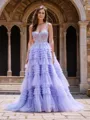 A-line Unique V-neck Court Train Tulle Corset Dress With Appliques Lace