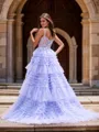A-line Unique V-neck Court Train Tulle Corset Dress With Appliques Lace