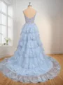 A-line Dreamy Off-the-Shoulder Court Train Tulle Corset Dress With Slit
