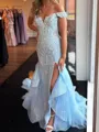 Glam Sheath Off-the-Shoulder Appliques Lace Court Train Tulle Corset Dress