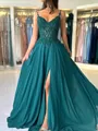 Fashion-forward A-line V-Neck Appliques Lace Sweep Train Chiffon Corset Dress