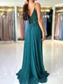 Fashion-forward A-line V-Neck Appliques Lace Sweep Train Chiffon Corset Dress