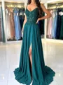 Fashion-forward A-line V-Neck Appliques Lace Sweep Train Chiffon Corset Dress