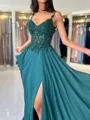 Fashion-forward A-line V-Neck Appliques Lace Sweep Train Chiffon Corset Dress