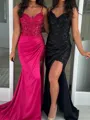 Glam Sheath V-Neck Appliques Lace Sweep Train Silk Like Satin Corset Dress