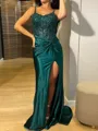 Hot Sheath Spaghetti Straps Pleated Sweep Train Silk Like Satin Corset Dress