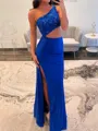 Magnificent Sheath One-Shoulder Appliques Lace Sweep Train Jersey Dress