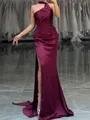 Grand Sheath Halter Pleated Sweep Train Silk Like Satin Dress