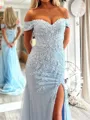 Fashion Sheath Off-the-Shoulder Appliques Lace Sweep Train Tulle Dress