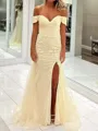 Fashion Sheath Off-the-Shoulder Appliques Lace Sweep Train Tulle Dress