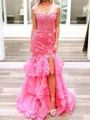 Graceful Sheath Spaghetti Straps Appliques Lace Sweep Train Tulle Corset Dress