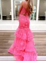 Graceful Sheath Spaghetti Straps Appliques Lace Sweep Train Tulle Corset Dress