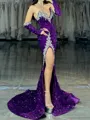 Charming Sheath V-Neck Long Sleeves Rhinestone Court Train Velvet Sequins Dress