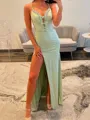 Fashion-forward Sheath V-Neck Bow Sweep Train Silk Like Satin Dress