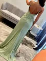 Fashion-forward Sheath V-Neck Bow Sweep Train Silk Like Satin Dress