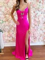 Fashion-forward Sheath V-Neck Bow Sweep Train Silk Like Satin Dress