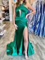 Luxurious Sheath Halter Ruffles Court Train Silk Like Satin Corset Dress