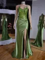 Glam Sheath V-Neck Appliques Lace Sweep Train Silk Like Satin Corset Dress