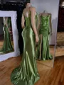 Glam Sheath V-Neck Appliques Lace Sweep Train Silk Like Satin Corset Dress